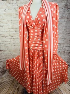 Vintage 90's Pink Polka Dot Maxi Dress Accordion Pleats Full Sweep Silk Sz 8  - Picture 1 of 12