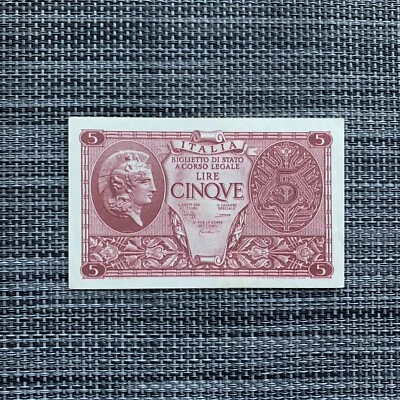 Italy 5 Lire Banknote 1944 WWII Era Italian Currency WW2 Paper Money Memorabilia - Image 1 of 4