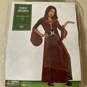 Girls Scarlet Sorceress Red Hooded Long Maxi Dress Halloween Costume Size S(4/6) - Picture 1 of 5