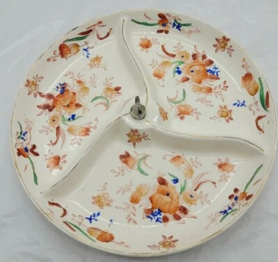VTG MCM Hand Painted Ceramic Coral Floral Three Compartment Relish Serving Dish - Image 1 of 4