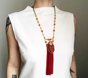 Red statement necklace long, accent colorful carnelian necklace - Picture 1 of 10