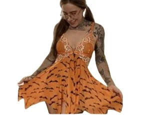 Sexy Babydoll Dessous orange Fledermaus Print Spitze transparent Nachthemd Gr. XXL Halloween - Bild 1 von 9