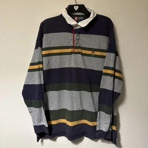 Chaps Rugby Shirt Mens XL Grey Striped Long Sleeve Retro Polo Button - Picture 1 of 9