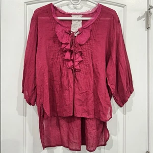 FREE PEOPLE Top M/L FP ONE Biesen Schnürung Rüschen 3/4 Arm Boho Baumwolle - Bild 1 von 4