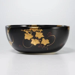 Japanische schwarz glasierte goldene Ahornblatt Studio Handwerker signierte Keramikschale 8,5" - Bild 1 von 8