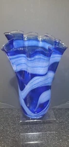 Vintage Cobalt Blue White Swirl Handkerchief Handblown Art Glass Vase 13" Tall - Picture 1 of 7