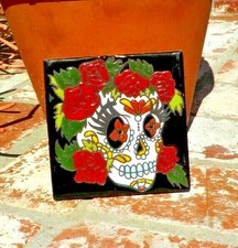 DAY OF THE DEAD LADY W/ ROSES RED TILE 4 IN x 4 IN TALAVERA MEXICO FREE SHIPPING