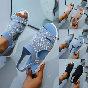 Womens Ankle Strap Wide Fit Flat Sandals Lady Summer Beach Peep Toe Shoes Size H - Picture 1 of 24