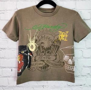 Ed Hardy Youth Graphic Double Sided Spider Scull T-shirt Size 4 Army Green - Picture 1 of 4