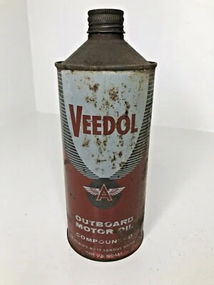 Vintage Veedol Outboard Motor Oil 1 Quart Oil Can Tin Cone Top Tidewater Oil Co  - Image 1 of 4
