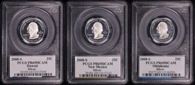 2008-S HI, NM, & OK Silver State Quarter 3 Coin Set PCGS PR-69 DCAM Flag Labels - Image 1 of 2