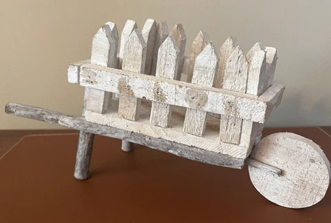 Vintage Wooden Wheel Barrel Primitive White Spring Easter Decor Planter Rustic Cover