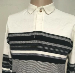 Vintage 80s JJ COCHRAN LONG SLEEVE STRIPED POLO SHIRT Cream Black USA L - Picture 1 of 12