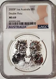 2020-P 1 Oz Silver $1 Australia DOUBLE PIXIU NCG MS69 Australia Flag Label Coin. - Picture 1 of 6