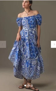 Maxi abito Farm Rio Tile Dream Anthropologie blu floreale manica a sbuffo taglia L - Foto 1 di 3