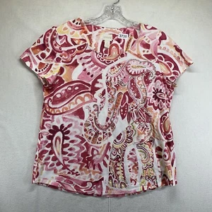 Chico’s Red Yellow Hidden Elephant Paisleys Embellished Size 1 T Shirt Top EUC - Picture 1 of 17