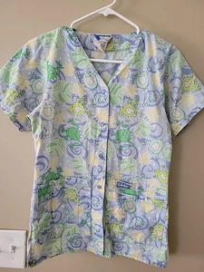Scrub Top XSmall Landau Snap Front Pockets Nurse Work Medical Frogs Flowers - Picture 1 of 13