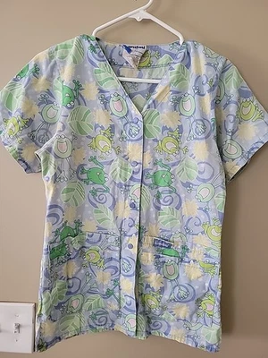 Scrub Top XSmall Landau Snap Front Pockets Nurse Work Medical Frogs Flowers - Image 1 of 4