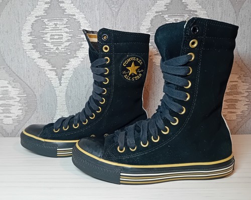 Rare Converse All Star Chuck Taylor X Hi scamosciate nere oro unisex taglia UK 4 5