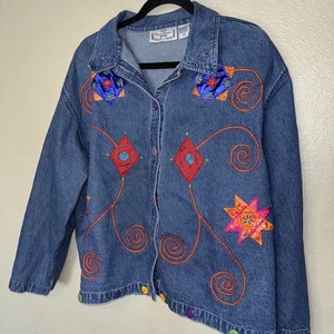 Sara Studio Woman Denim Colorful Boho Embroidered Jacket Sz 2X - Picture 1 of 5