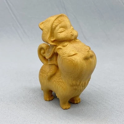 SALE - YZ303 - 7X5.5 CM Tall Hardwood Carved Figurine : Little Girl and Tiger - Image 1 of 4