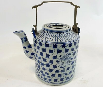 RARE China Blue & White Poppy HEAVY Pottery Brass Handle Tea Coffee Pot Teapot - Image 1 of 4