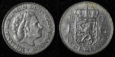 Netherlands Juliana Nickel  1967 Fish 1 Gulden 25 mm Royal Dutch KM# 184a  (944) - Image 1 of 3