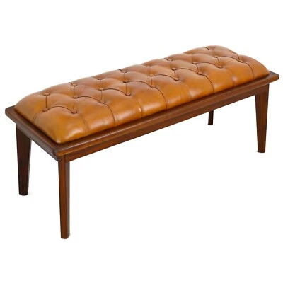 Mid-Century Modern Tan Leather Bench with Removable Legs, Solid Wood & Foam - Image 1 of 4