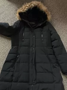 Guess Los Angeles Woman’s Puffer Coat Jacket XL Black Hooded Detached Faux Fur - Picture 1 of 12