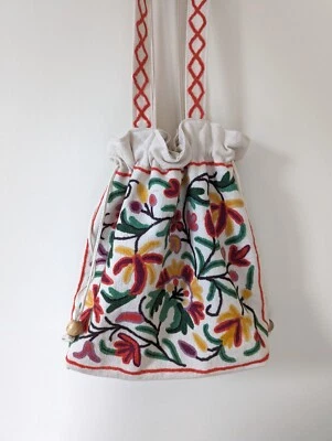 NWOT Wool Crewel Cotton Drawstring Shoulder Purse, Tote Bag, Kashmir Style Nepal - Image 1 of 4