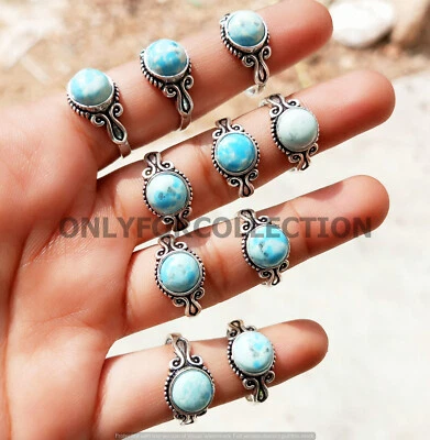 Lote de 10 anillos de fundición enchapados en plata de ley 925 piedras preciosas Larimar de año nuevo Foto 1 de 4