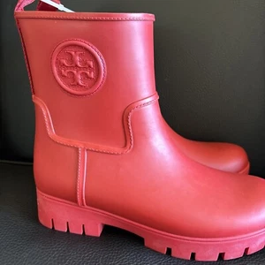 Tory Burch Red Rubber Logo Ankle Rain Boot Pull on Shoes Sz 9 - Picture 1 of 4