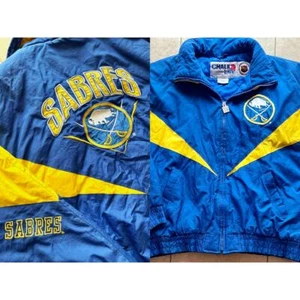 Buffalo Sabres 90s Chalk Line puffer jacket zip L blue yellow NHL hockey vintage - Picture 1 of 9