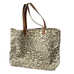 Madewell Canvas Transport Tote Cream Brown Leather Double Handles Leopard Animal - Picture 1 of 16