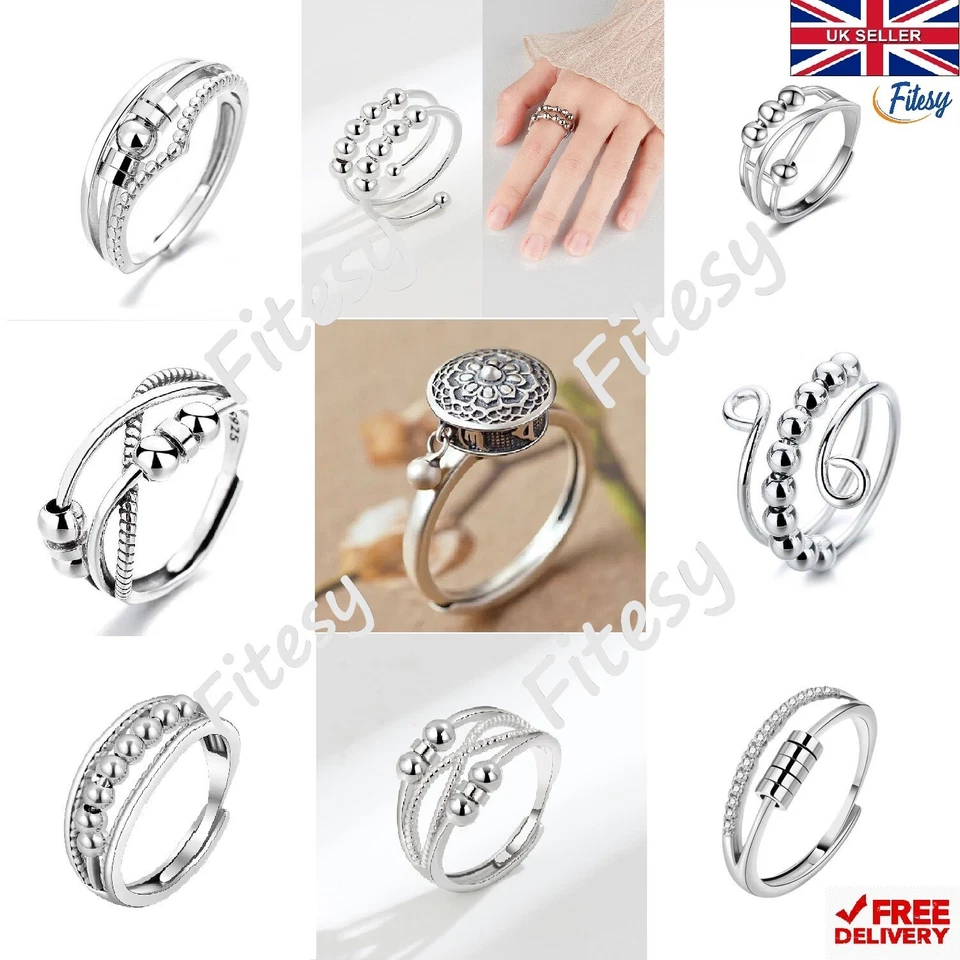 Silver Plated Anti Anxiety Fidget Spinner Ring-Girl Women Daughter Stress Relief - Image 1 of 1