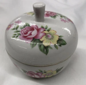 Round Shaped Trinket or Pill Box Yellow and Pink Roses Tiny Jewelry Box with Lid - Picture 1 of 7