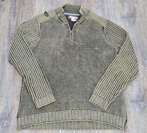 Carbon2cobalt Sweater Mens L Olive Green 1/4 Zip Cable Knit Fisherman Distressed - Picture 1 of 10