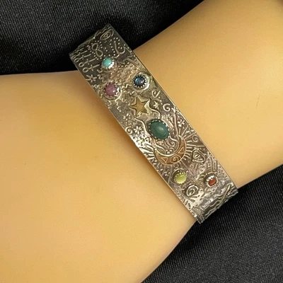 Ann Allen Etched Sterling Silver 14K GF Talisman Cuff Bracelet Multi Gemstones - Image 1 of 4
