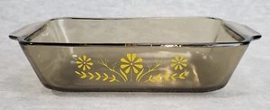 Vintage Glasbake Bread Pan Yellow Daisy Glass Smoked Amber Jeanette Baking - Picture 1 of 7