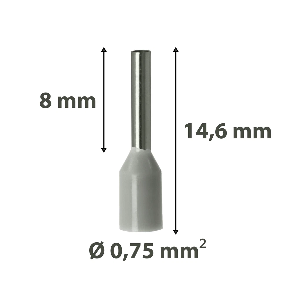 PROELEKTRO Aderendhülsen 0,75mm² grau isoliert Hülse 8mm Gesamtlänge 14,6 mm