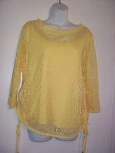 Hearts Of Palm Yellow Crochet Lined Blouse Top Womans XL 3/4 Sleeve Pull Sides - Picture 1 of 7