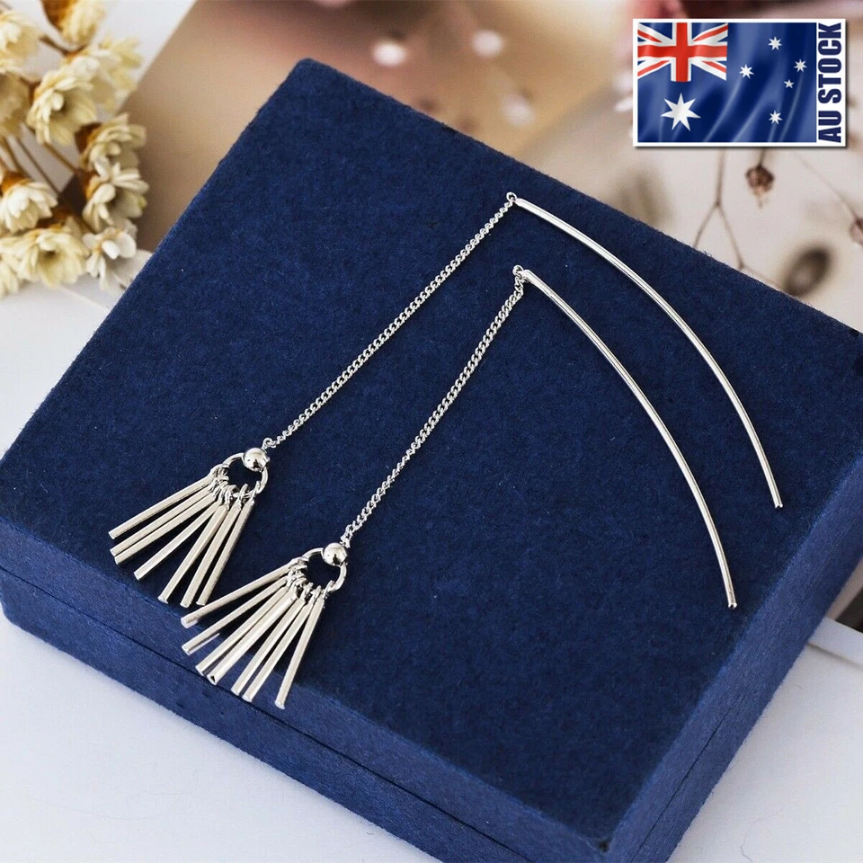 Stunning 18K White Gold Filled Drop Bars Dangle Thread Threader Stud Earrings - Image 1 of 4