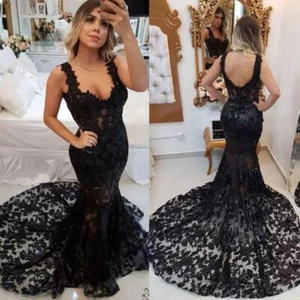 Gothic Black Mermaid Wedding Dresses V Neck Backless Sweep Train Bridal Gowns - Picture 1 of 10