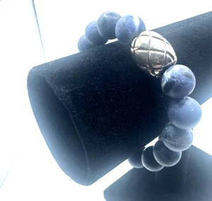 Mens Bracelet Natural Stone  ElasticNavy Blue Stone  Silver tone - Picture 1 of 5