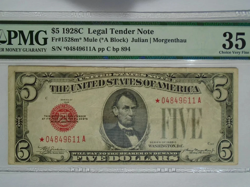 1928C $5 (Mule) STAR United States Note PMG VF 35 EPQ  Red Seal - Image 1 of 4