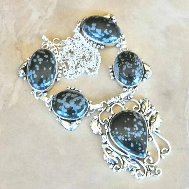 Handmade Naturale Ossidiana Fiocco 925 Argento Sterling Collana 19 " #N01817 - Immagine 1 di 1