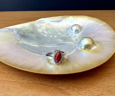 Anello in argento 925 con navetta in vero corallo rosso contornato da zirconi - Immagine 1 di 4