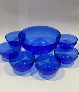 Vintage Ferro Murano Colbalt Blue Textured Art Glass Salad Set For 6 Italian - Picture 1 of 7