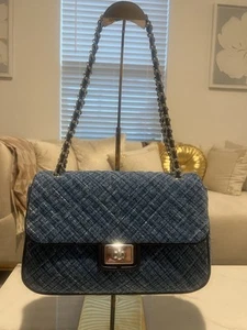 KARL LAGERFELD PARIS Agyness Large Blue/Denim Quilted Shoulder Bag NWT $328 - Picture 1 of 18