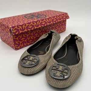 TORY BURCH Reva Distress Python Storm Gray Snakeskin BALLET FLATS Sz 9M FastShip - Picture 1 of 14